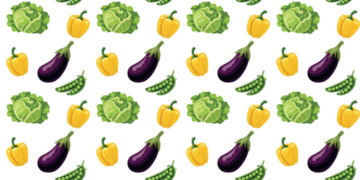 cabbage yellow pepper eggplant green peas seamless pattern