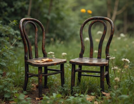 Two old wooden chairs sit abandoned in overgrown nature. The seats are worn, with leaves on one. These chairs evoke thoughts of lost times and decay in a wild setting.
