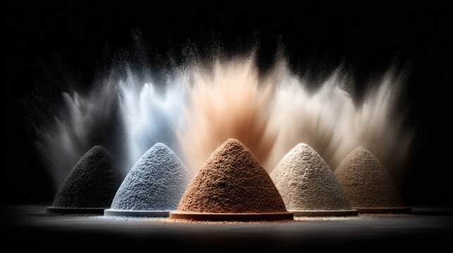 Viintimate apparelnt colored powders exploding from conical piles