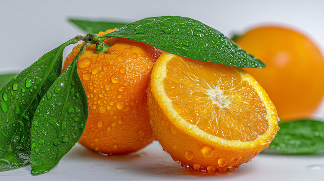 Fresh oranges with water droplets and green leaves on a light background