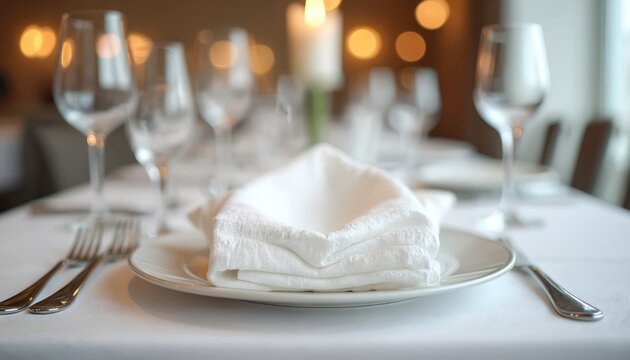 White folded linen napkin on plate with cutlery. Elegant table setting with wine glasses and candle. Restaurant interior, formal dining atmosphere, prepare for meal.