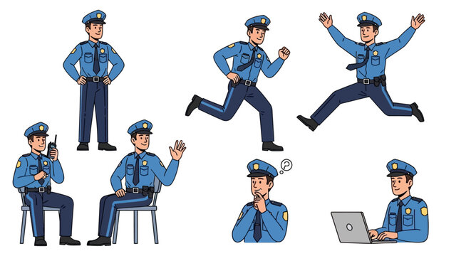 Police Officer Character Set Diverse Poses And Actions.