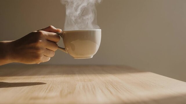 Main d&eacute;posant une tasse de boisson chaude fumante sur une table en bois &ndash; lumi&egrave;re naturelle, ralenti