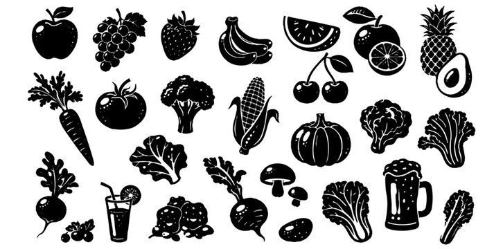 野菜とフルーツのシルエットアイコンセット 健康食材コレクション