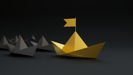 Obraz premium Papierschiffchen, Golden Paper Boat leading Black boats on dark background 3d render.