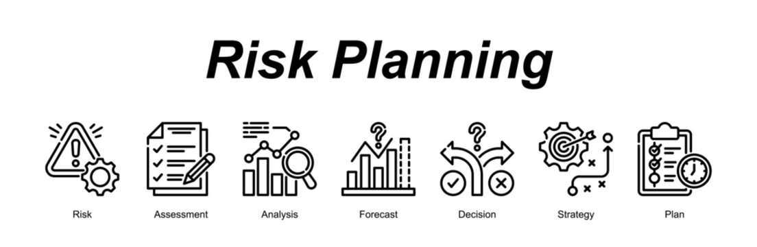 Risk Planning banner web icon vector illustration concept with an icon of Risk, Assessment, Analysis, Forecast, Decision, Strategy, Plan 