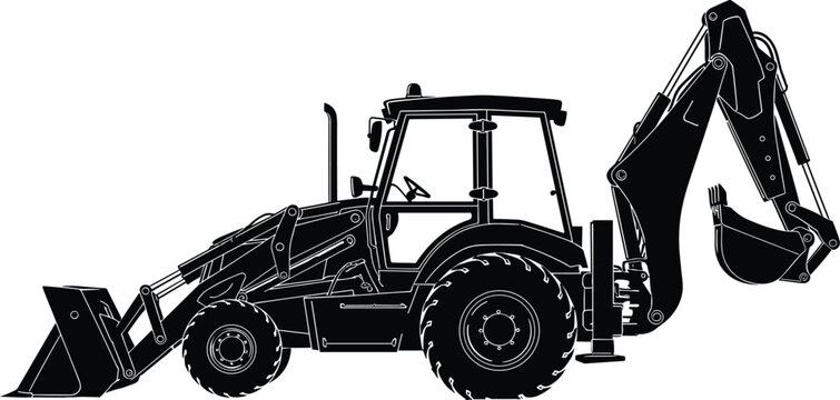 Backhoe loader silhouette showing tractor with front bucket and rear excavator arm for construction, digging, and earthmoving operations