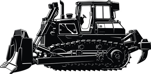 Detailed bulldozer silhouette with tracks and front blade showcasing heavy construction machinery for earthmoving, excavation, and industrial engineering operations © KagenChandro