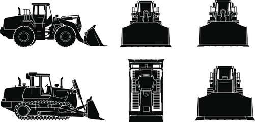Set of bulldozer and loader silhouettes showing front, side and top views of heavy construction equipment in detailed vector illustration style © KagenChandro