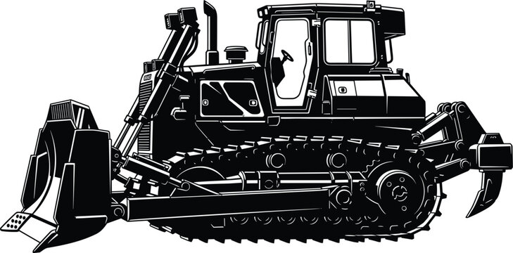 Detailed bulldozer silhouette with tracks and front blade showcasing heavy construction machinery for earthmoving, excavation, and industrial engineering operations
