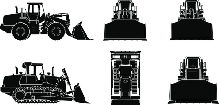 Set of bulldozer and loader silhouettes showing front, side and top views of heavy construction equipment in detailed vector illustration style