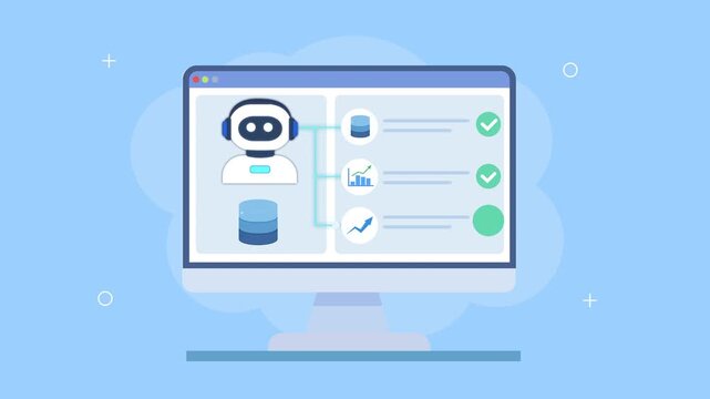 Flat vector animation of a database dashboard with robot assistant, server icon, data flow, and checklist status, representing data management and automation systems.