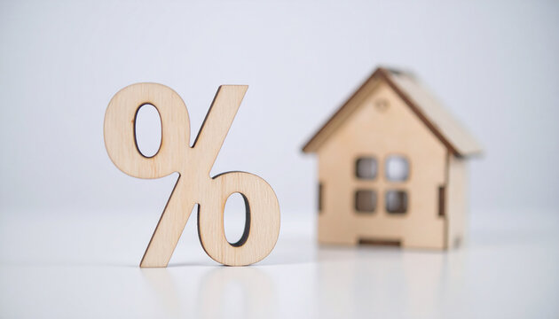 Wooden miniature house model and large percentage symbol. Finance, mortgage, interest rates, real estate investment concept