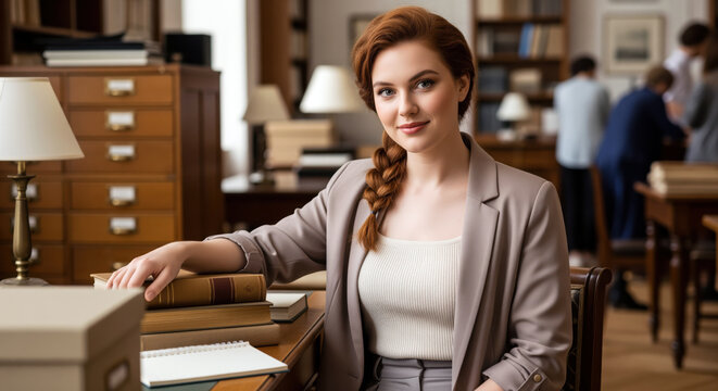 Legal research and archive management in a knowledge center where a confident specialist supports document review records organization and information retrieval for casework and due diligence