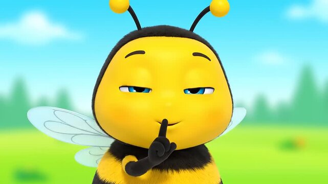 Cute cartoon bee with finger to lips, asking for silence in a bright, natural outdoor setting with soft green hills and blue sky