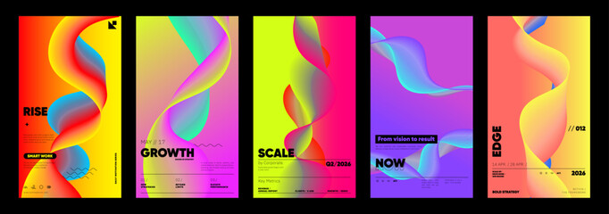 Abstract neon fluid wave vector poster set with bold business typography on dark background.  © Takoyaki Shop