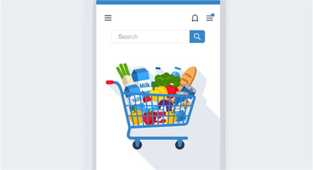 A shopping cart filled with groceries on a mobile device © MstParvin