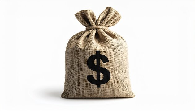 Burlap sack tied with a knot featuring a large dollar sign symbol, representing money, finance, investment, savings, and economic concepts for business and commerce.