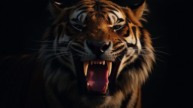 Intense Tiger Roars Aggressively in Dramatic Lighting.