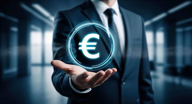 Euro payment infrastructure for European banking and cross border money transfer shown through a futuristic currency interface, supporting fintech growth and secure financial operations
