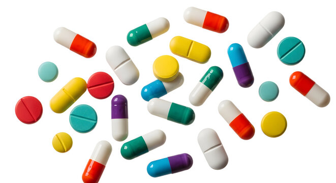 Colorful medicine pills and capsules isolated PNG, pharmaceutical medicine for healthcare and medical treatment on transparent background