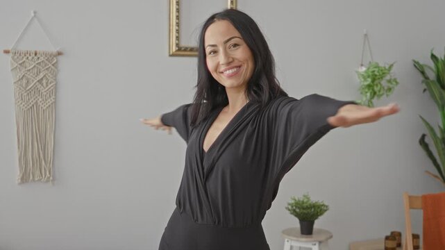 Woman smiling with arms outstretched toward camera in an indoor studio with macrame wall hanging, potted plants, stool and wooden chair; wellness joy.