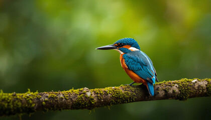 Obraz premium Colorful Kingfisher Bird Perched on Mossy Branch with Green Background Wildlife Photography
