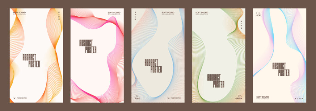 Abstract vertical posters. Set of flowing wavy lines. Bright gradient parallel curves. Modern minimalist templates for creative graphic design. Vector illustration.