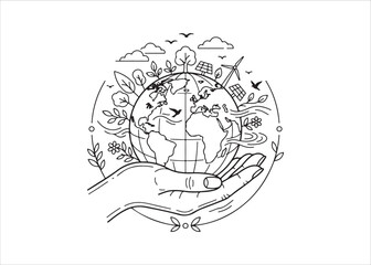 Fototapeta premium Hand holding earth with eco friendly renewable energy symbols and leaves around it