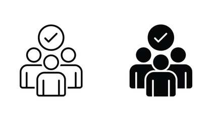Team approval checkmark icon with a group of people in outline and solid black style for human resources and collaborative project management © Lucid