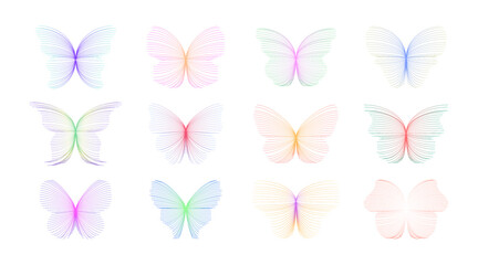 Fototapeta premium Abstract Line Butterflies Collection Set. Minimal Colorful Butterfly Vector Illustration with Delicate Thin Lines and Gradient Wings on White Background for Nature and Decor Design 