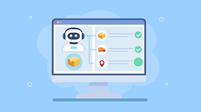 Flat vector animation of a service dashboard with robot assistant, task icons, location marker, and checklist status, representing automation, tracking, and digital workflow systems.