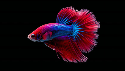 Fototapeta premium Vibrant Betta Fish with Flowing Fins Isolated on Black Background, Exotic Aquarium Beauty