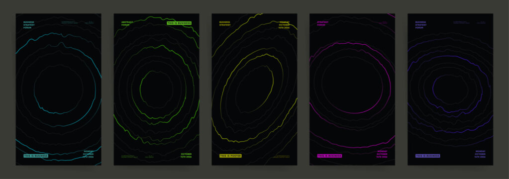 Abstract geometric circle line vector poster set on black background. Organic contour design in cyan, green, yellow, magenta and purple for business forum, music event, corporate branding.