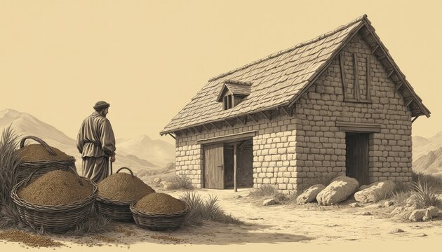 Farmer builds bigger barn for abundant harvest of grain. Man counts wealth, plans storage for grain. Focus on greed, prosperity, and faith lessons. Agricultural theme.