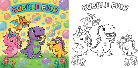 Cute Cartoon Dinosaurs Playing with Rainbow Bubbles Illustration coloring page © Sumon555