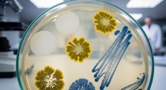 Magnified Petri Dish Shows Growing Bacteria Colonies