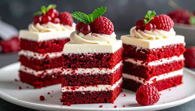 Exquisite red velvet cake slices, beautifully layered with rich crimson cake and creamy frosting, topped with fresh raspberries and mint, offering a decadent sweet dessert