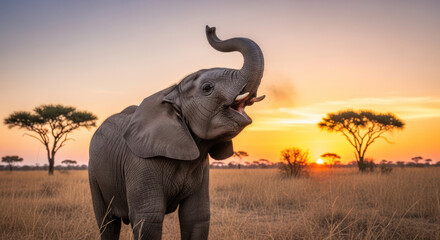 Naklejka premium Majestic Elephant Trumpeting in the African Savannah at Sunset.