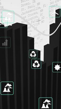 Vertical video: Opening closeup starting pan black bars moving teal icons clustering to show trends