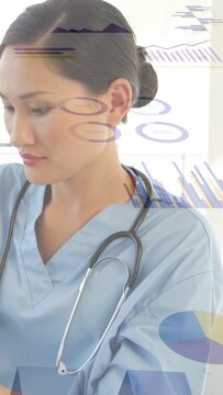 Vertical video: Overlays moving, nurse in light-blue scrubs lifting head smiling, steth neck clinic