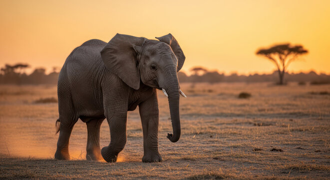 Majestic Elephant Walking Through the African Savanna at Golden Hour.