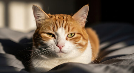 Fototapeta premium Orange and White Tabby Cat Resting on a Bed in Sunlight.
