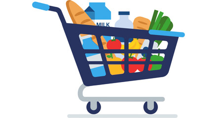 A shopping cart filled with various grocery items © MstParvin
