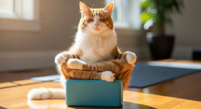 Orange and White Cat Meditating on a Blue Block.