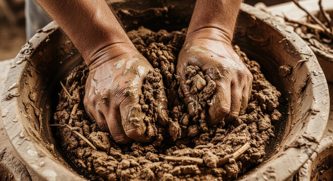 Hands Mixing Mud and Straw for Adobe Construction.