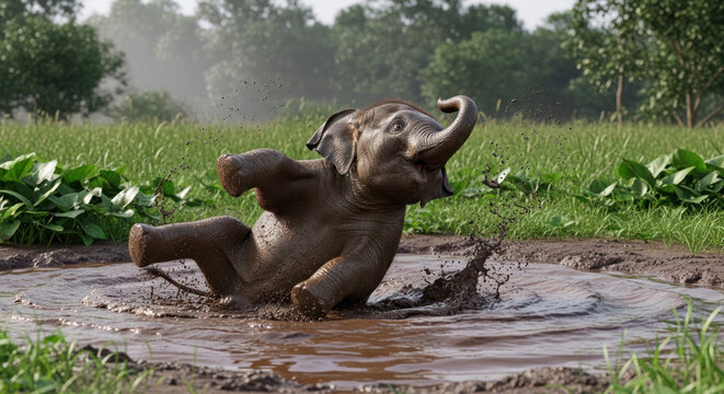 Playful Elephant Calf Enjoying a Mud Bath in Lush Green Field.