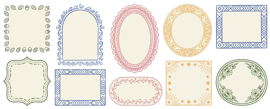 Hand Drawn Whimsical Doodle Frames and Borders Set, Decorative Naive Art Vector Elements for Scrapbooking and Planners