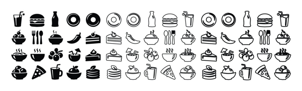 Set of 60 Food and Drink Outline and Glyph Icons Vector