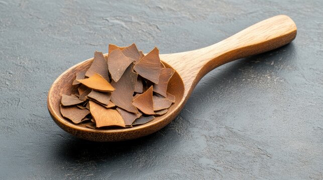Wooden spoon filled with chocolate flakes.